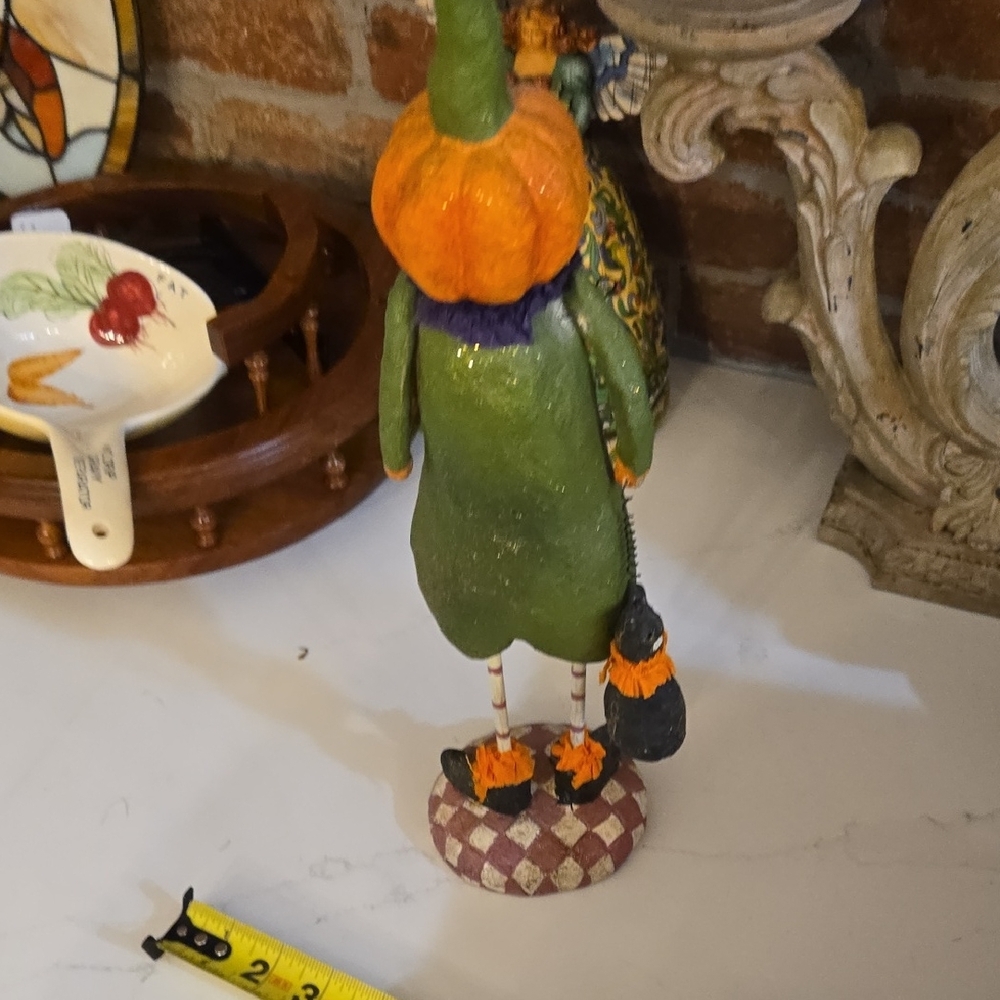 Green and Orange Pumpkin Figurine Holding A Black Cat - Picture 8 of 12